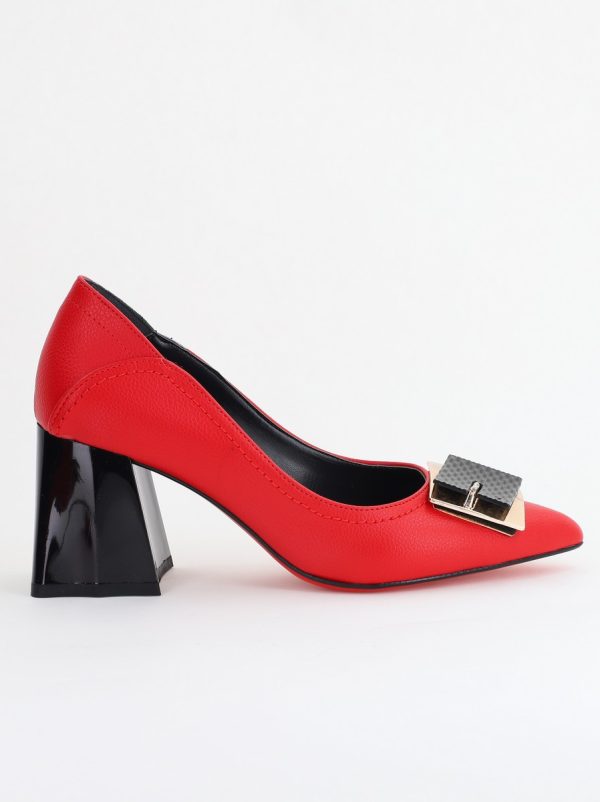 Pantofi Femei cu Toc Gros Piele Ecologică Varf Ascutit design cu pietricele Roșu- BS2003D2405413 179