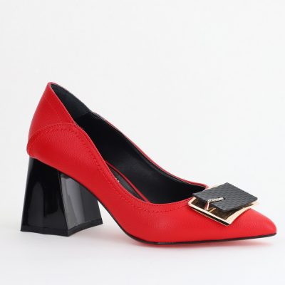 Pantofi Femei cu Toc Gros Piele Ecologică Varf Ascutit design cu pietricele Roșu- BS2003D2405413
