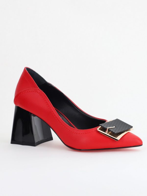 Incaltaminte Dama - Pantofi Femei cu Toc Gros Piele Ecologică Varf Ascutit design cu pietricele Roșu- BS2003D2405413