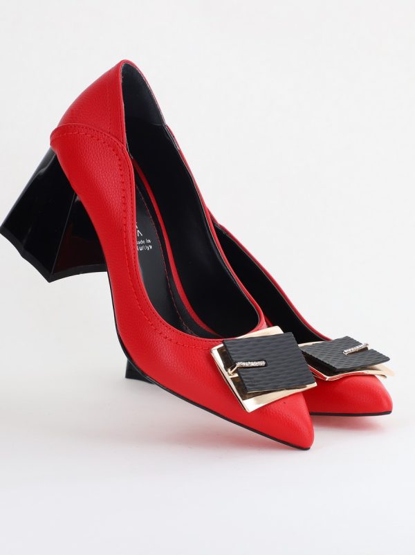 Pantofi Femei cu Toc Gros Piele Ecologică Varf Ascutit design cu pietricele Roșu- BS2003D2405413 174