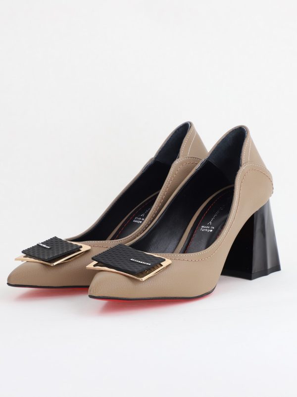Pantofi Femei cu Toc Gros Piele Ecologică Varf Ascutit design cu pietricele Taupe - BS2003D2405415 178