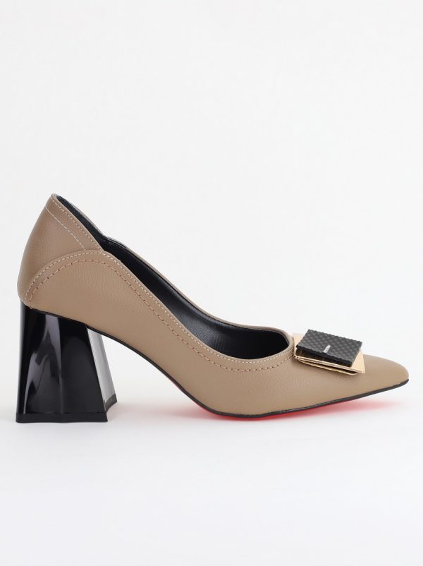 Pantofi Femei cu Toc Gros Piele Ecologică Varf Ascutit design cu pietricele Taupe - BS2003D2405415 179
