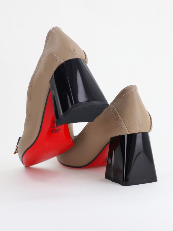 Pantofi Femei cu Toc Gros Piele Ecologică Varf Ascutit design cu pietricele Taupe - BS2003D2405415 176