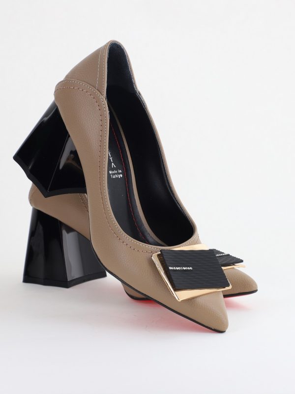 Pantofi Femei cu Toc Gros Piele Ecologică Varf Ascutit design cu pietricele Taupe - BS2003D2405415 174