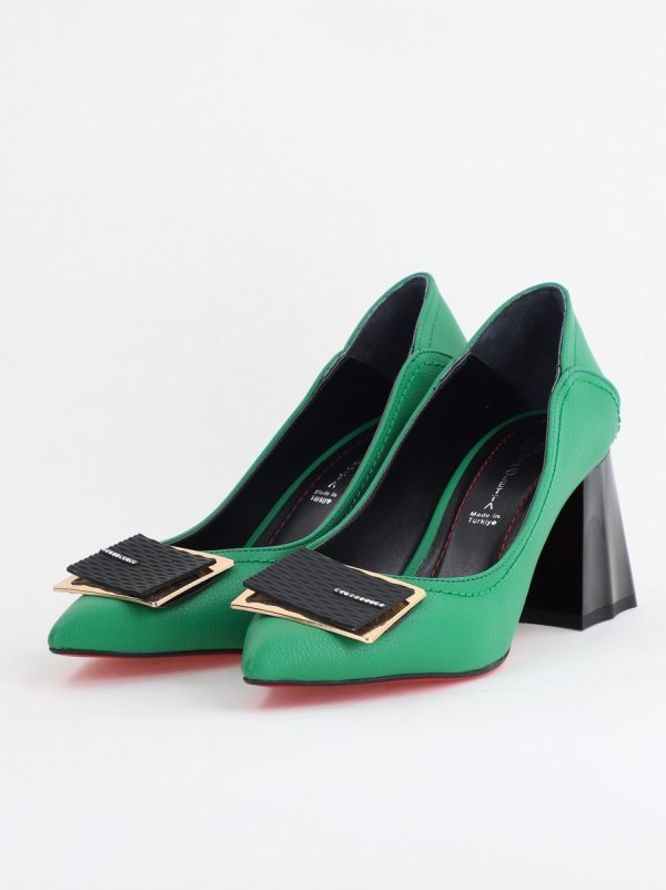 Pantofi Femei cu Toc Gros Piele Ecologică Varf Ascutit design cu pietricele Verde - BS2003D2405416 178