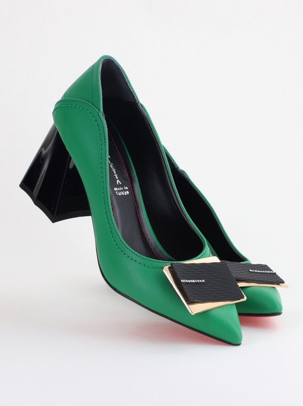 Pantofi Femei cu Toc Gros Piele Ecologică Varf Ascutit design cu pietricele Verde - BS2003D2405416 174