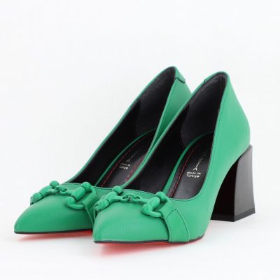Pantofi Verde cu Toc Gros Piele Ecologică Varf Ascutit - BS732TAY2404216