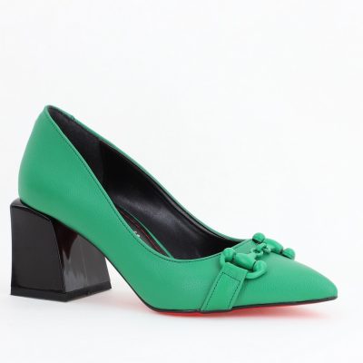 Pantofi Verde cu Toc Gros Piele Ecologică Varf Ascutit - BS732TAY2404216