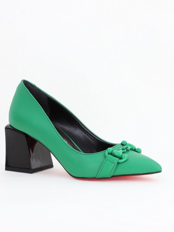 Incaltaminte Dama - Pantofi Verde cu Toc Gros Piele Ecologică Varf Ascutit - BS732TAY2404216
