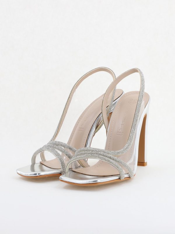 Sandale elegante cu toc pentru femei din piele ecologică împodobite cu detalii subtile de pietricele culoare argintiu (BS855SN2404235) 5