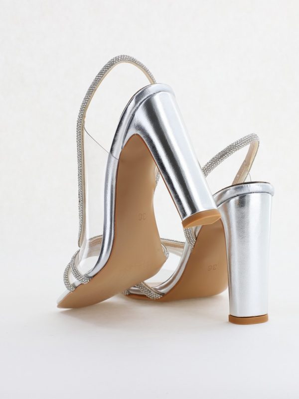 Sandale elegante cu toc pentru femei din piele ecologică împodobite cu detalii subtile de pietricele culoare argintiu (BS855SN2404235) 6