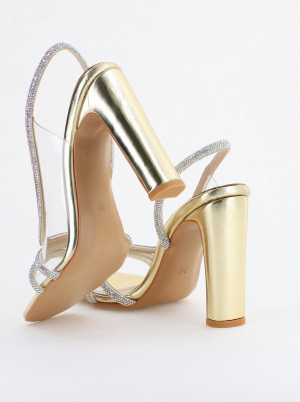Sandale elegante cu toc pentru femei din piele ecologică împodobite cu detalii subtile de pietricele culoare auriu (BS855SN2404232) 176