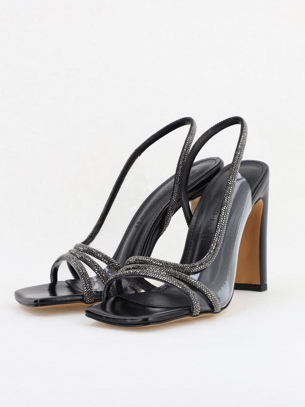 Sandale elegante cu toc pentru femei din piele ecologică împodobite cu detalii subtile de pietricele culoare negre (BS855SN2404234) 5