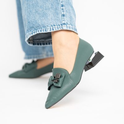 Pantofi cu Toc Jos Eleganti cu Fundita din Piele Ecologică Verde Petrol BS167BA2411169