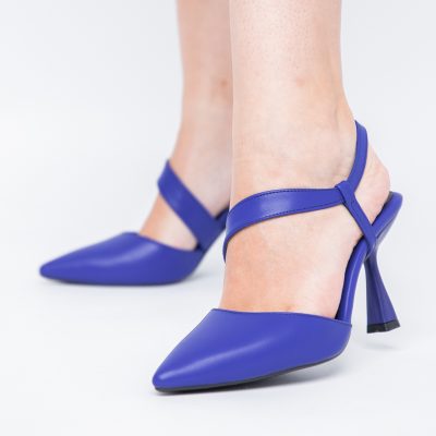 Pantofi Damă cu Toc Subțire din Piele Ecologică cu elastic Albastru BS610AY2405597