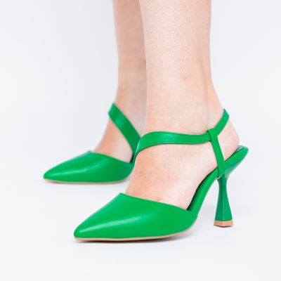 Pantofi Damă cu Toc Subțire din Piele Ecologică cu elastic Verde BS610AY2405598