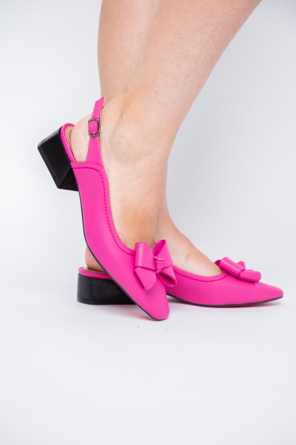 Pantofi Damă cu Toc Jos Deschiși cu Fundiță din Piele Ecologică Fuchsia Mat 173