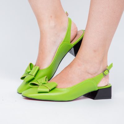 Pantofi Damă cu Toc Jos Deschiși cu Fundiță din Piele Ecologică Verde lemon Mat