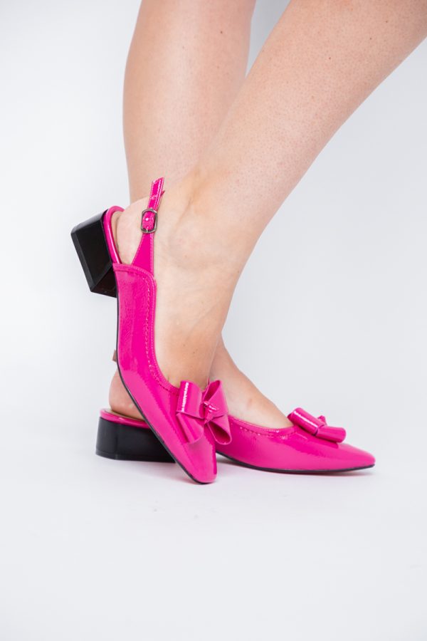 Pantofi Damă cu Toc Jos Deschiși cu Fundiță din Piele Ecologică Fuchsia Lac 173