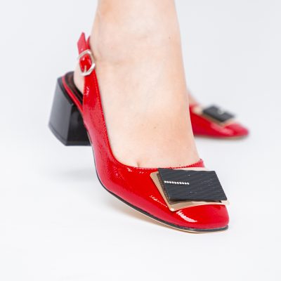 Pantofi damă cu Toc Roșii Eleganti Decupați cu Pietricele Piele Ecologica