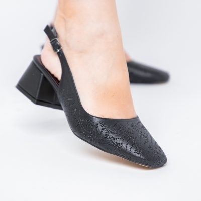 Pantofi Damă Negri cu Toc Jos din Piele Ecologică modele cu microperforații
