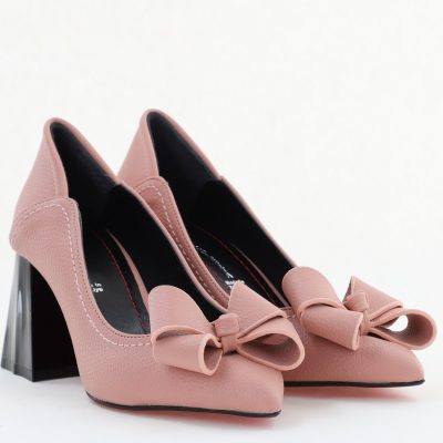 Pantofi Damă cu Toc din Piele Ecologică cu Fundiță Roz Somon (BS2000D2405361)