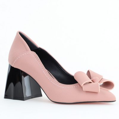 Pantofi Damă cu Toc din Piele Ecologică cu Fundiță Roz Somon (BS2000D2405361)