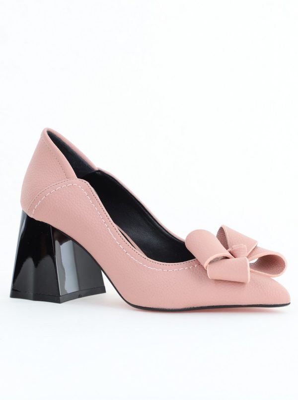 Incaltaminte Dama - Pantofi Damă cu Toc din Piele Ecologică cu Fundiță Roz Somon (BS2000D2405361)