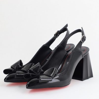 Pantofi damă cu Toc Eleganti Decupați cu Fundiță din Piele Ecologica culoare Negru lac - BS12000D2405486