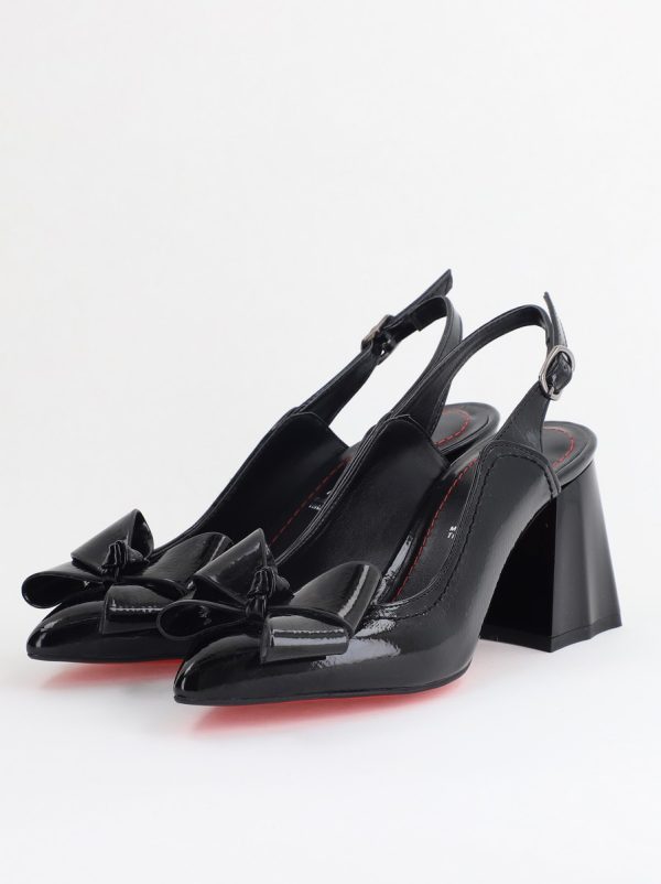 Pantofi damă cu Toc Eleganti Decupați cu Fundiță din Piele Ecologica culoare Negru lac - BS12000D2405486 173
