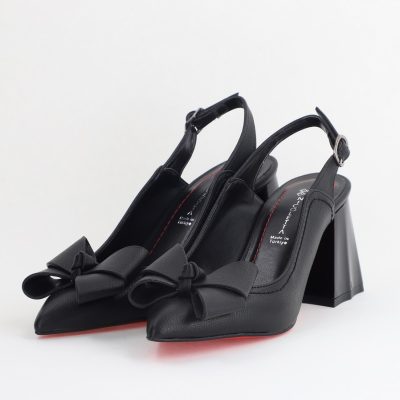 Pantofi damă cu Toc Eleganti Decupați cu Fundiță din Piele Ecologica culoare Negru mat - BS12000D2405487