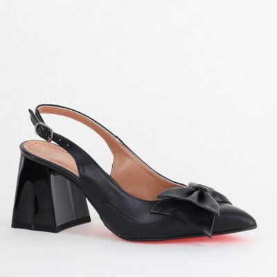 Pantofi damă cu Toc Eleganti Decupați cu Fundiță din Piele Ecologica culoare Negru - BS7121AY2405294