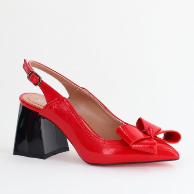 Pantofi damă cu Toc Eleganti Decupați cu Fundiță din Piele Ecologica culoare Roșu lac - BS12000D2405491
