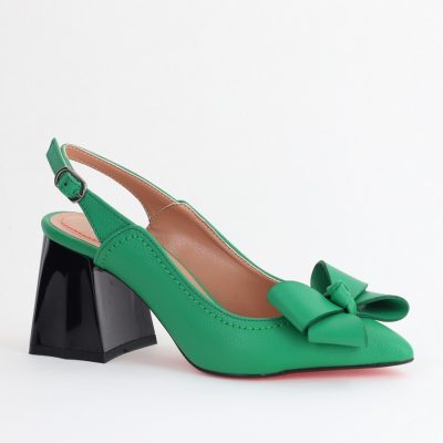 Pantofi damă cu Toc Eleganti Decupați cu Fundiță din Piele Ecologica culoare Verde mat - BS12000D2405489