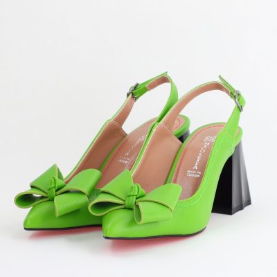 Pantofi damă cu Toc Eleganti Decupați cu Fundiță din Piele Ecologica culoare Verde lemon- BS12000D2405490