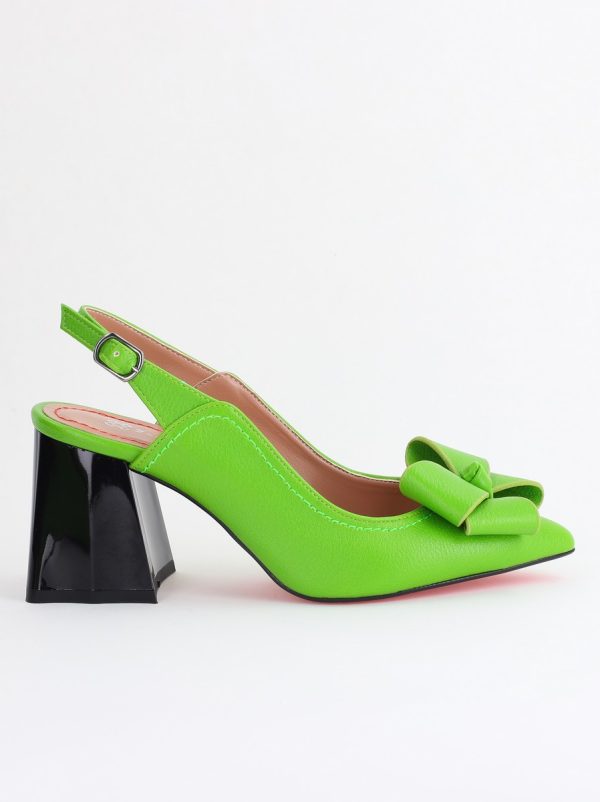 Pantofi damă cu Toc Eleganti Decupați cu Fundiță din Piele Ecologica culoare Verde lemon- BS12000D2405490 174