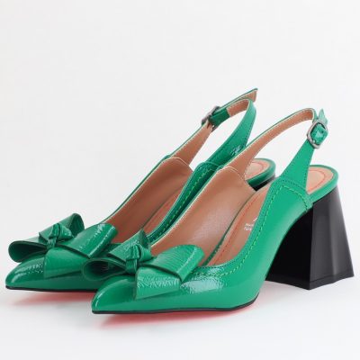 Pantofi damă cu Toc Eleganti Decupați cu Fundiță din Piele Ecologica culoare Verde lucios - BS12000D2405494