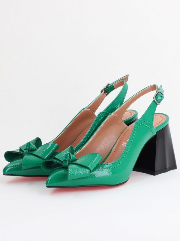 Pantofi damă cu Toc Eleganti Decupați cu Fundiță din Piele Ecologica culoare Verde lucios - BS12000D2405494 173