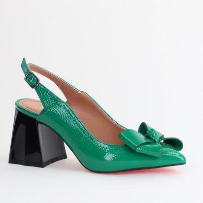 Pantofi damă cu Toc Eleganti Decupați cu Fundiță din Piele Ecologica culoare Verde lucios - BS12000D2405494