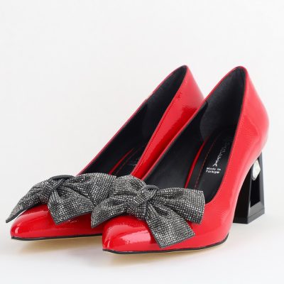 Pantofi Damă cu Toc Gros Piele Ecologică cu Fundiță Varf Ascutit culoare Roșu - BS015AY2405580