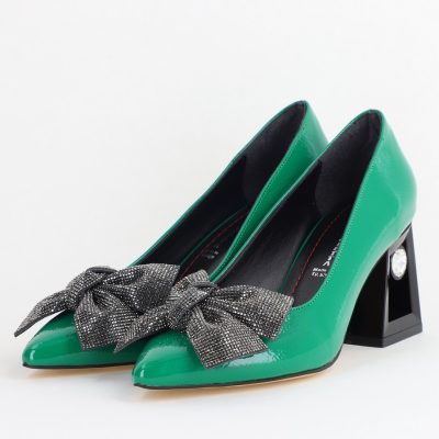 Pantofi Damă cu Toc Gros Piele Ecologică cu Fundiță Varf Ascutit culoare Verde - BS015AY2405578