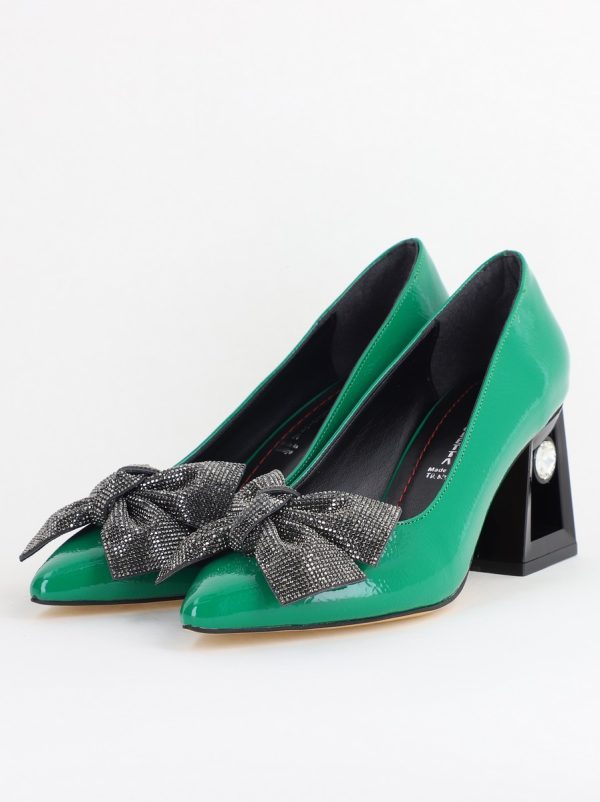 Pantofi Damă cu Toc Gros Piele Ecologică cu Fundiță Varf Ascutit culoare Verde - BS015AY2405578 173