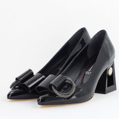 Pantofi Damă cu Toc Gros Piele Ecologică cu pietricele Varf Ascutit culoare Negru - BS21402AY2405563