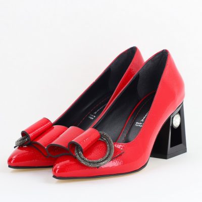 Pantofi Damă cu Toc Gros Piele Ecologică cu Pietricele Varf Ascutit culoare Roșu- BS21402AY2405561