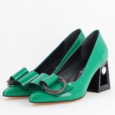 Pantofi Damă cu Toc Gros Piele Ecologică cu Pietricele Varf Ascutit culoare verde- BS21402AY2405559