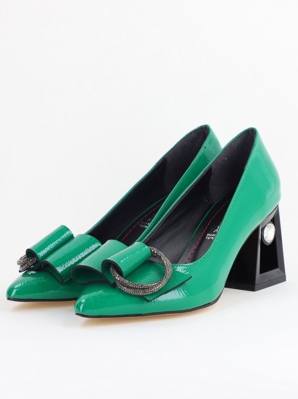 Pantofi Damă cu Toc Gros Piele Ecologică cu Pietricele Varf Ascutit culoare verde- BS21402AY2405559 173