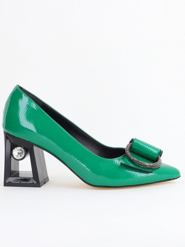 Pantofi Damă cu Toc Gros Piele Ecologică cu Pietricele Varf Ascutit culoare verde- BS21402AY2405559 174