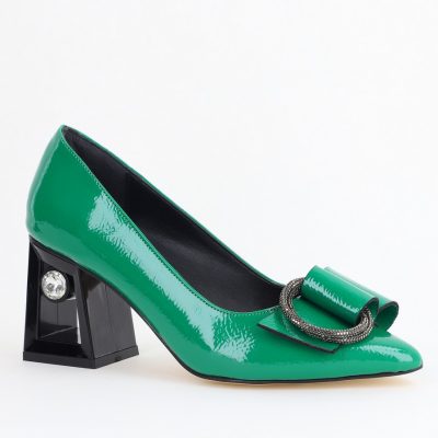 Pantofi Damă cu Toc Gros Piele Ecologică cu Pietricele Varf Ascutit culoare verde- BS21402AY2405559