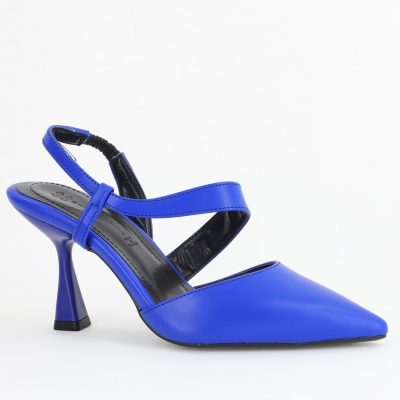 Pantofi Damă cu Toc Subțire din Piele Ecologică cu elastic Albastru BS610AY2405597
