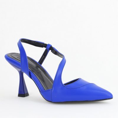 Pantofi Damă cu Toc Subțire din Piele Ecologică cu elastic Albastru BS805AY2405594